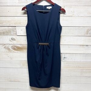 Calvin Klein Sleeveless Sheath Dress Womens 8 Navy Blue Stretch Gold Chain Clasp